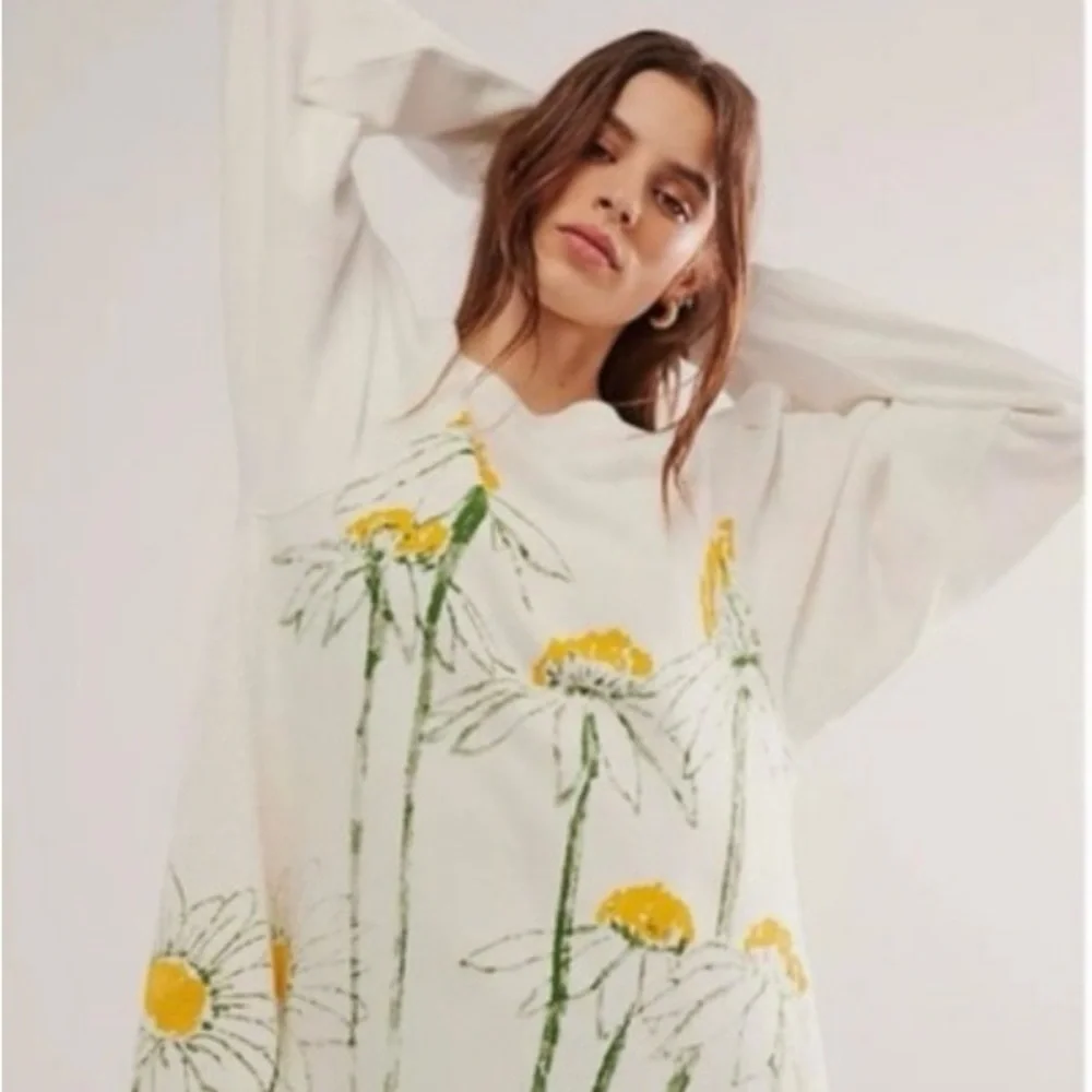 Free People Cream Floral Daisy Oversized Sweatshirt with Yellow and Green Print